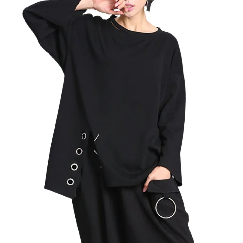 Women's Black Long Sleeve Top / Fashion Casual Pullover T-shirt for Lady Print Jacquard Patchwork Women's Black Long Sleeve Top / Fashion Casual Pullover T-shirt for Lady Print Jacquard Patchwork