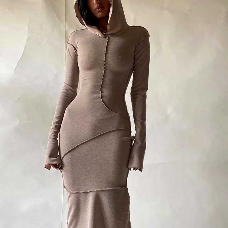 2020 Long Sleeve Hooded Patchwork Skinny Maxi Dress Autumn Winter Women Fashion Streetwear Casual Outfits Elegant Velvet Maxi Dress