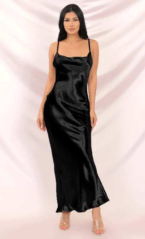 Acceptance Speech Black Loose Slip Satin Sleeveless Spaghetti Strap Drape Cowl Neck Cut Out Backless Maxi Dress Fashionable Chiffon Tiered Maxi Dress Acceptance Speech Black Loose Slip Satin Sleeveless Spaghetti Strap Drape Cowl Neck Cut Out Backless Maxi Dress Fashionable Chiffon Tiered Maxi Dress