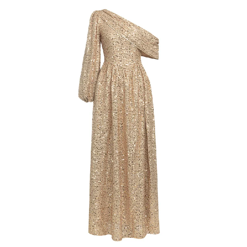 Adeline Asymmetrical Shoulder Sequin Maxi Dress Trendy Printed Maxi Dress