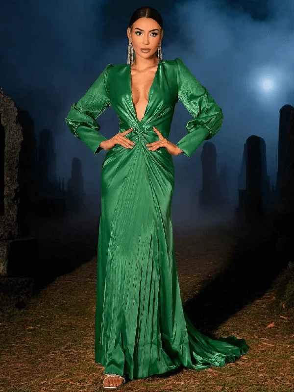 Aloe Maxi Dress with Deep V-Neck and Pleats Cozy Maxi Dress with Slit