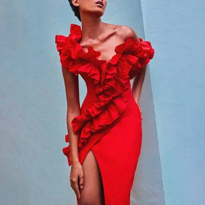 Amelia Ruffled Detail High Slit Maxi Dress Fashionable Chiffon Maxi Dress