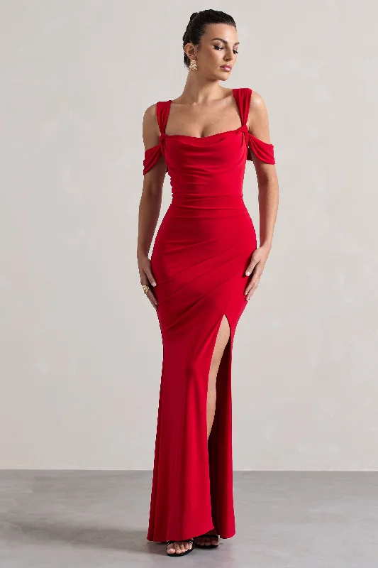 Amoura | Red Square-Neck Draped Wrap Maxi Dress Fashionable High-Low Maxi Dress