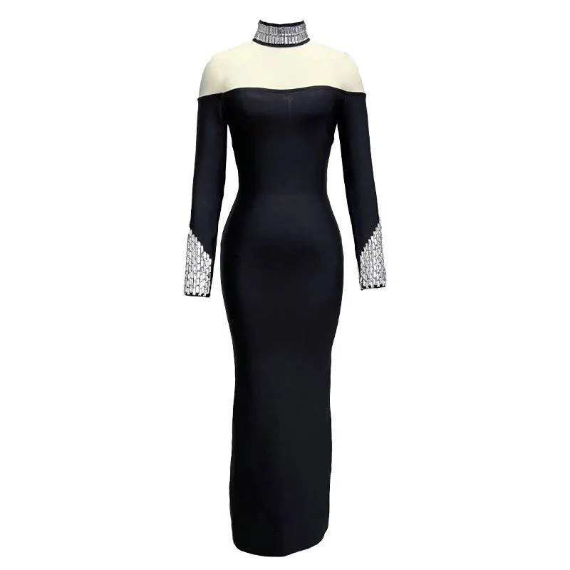 Beatrice High Collar Black Maxi Dress Comfortable Fit-and-Flare Maxi Dress