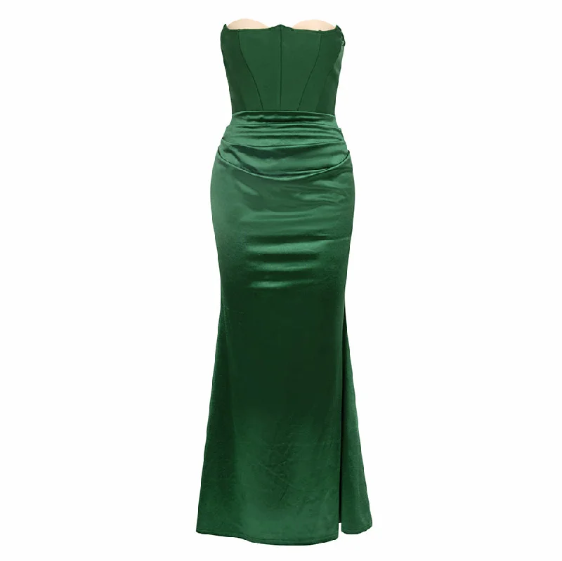 Beatrice Strapless Side Slit Pleated Satin Maxi Dress Stylish One-Shoulder Maxi Dress Beatrice Strapless Side Slit Pleated Satin Maxi Dress Stylish One-Shoulder Maxi Dress