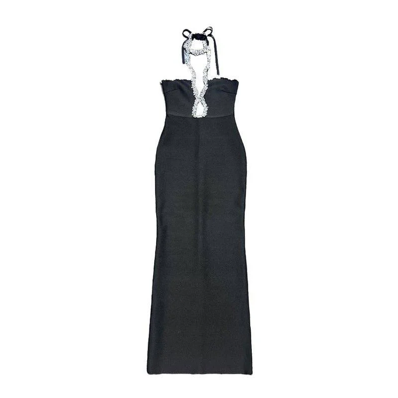 Bella Crystal Black Maxi Dress Elegant Maxi Dress with Pockets
