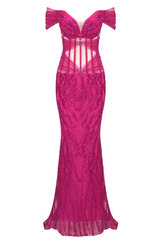 Belle Off-Shoulder Tulle Maxi Dress with Straps Trendy Short Sleeve Maxi Dress