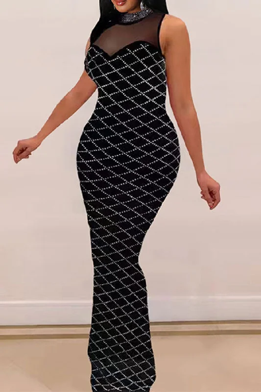 Black Mesh Patchwork Stylish Rhinestone Maxi Dress Cozy Maxi Dress with Slit