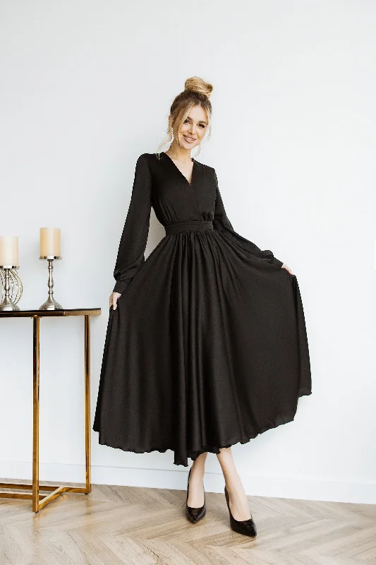 Black Silk Long Sleeve Maxi Dress Classic A-Line Maxi Dress