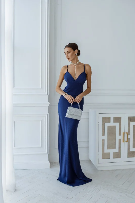 Blue Satin Slip Maxi Dress Trendy Button Front Maxi Dress