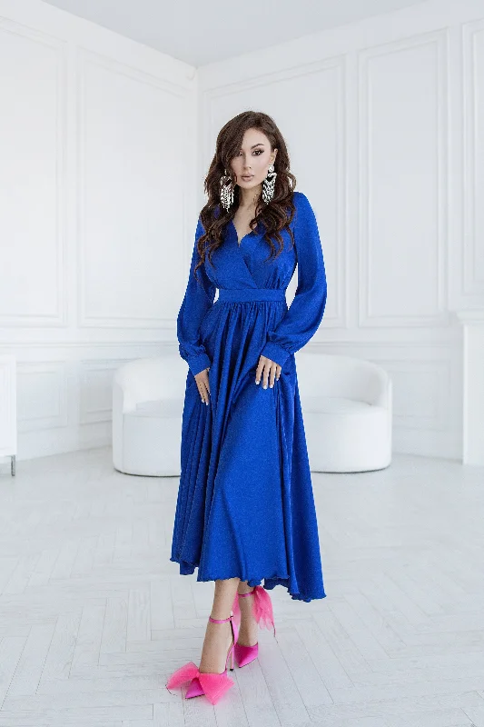 Blue Silk Long Sleeve Maxi Dress Elegant Lace-Up Maxi Dress