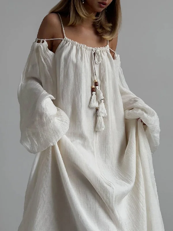 Bohemian Style White Cotton Maxi Dress Elegant Wraparound Maxi Dress
