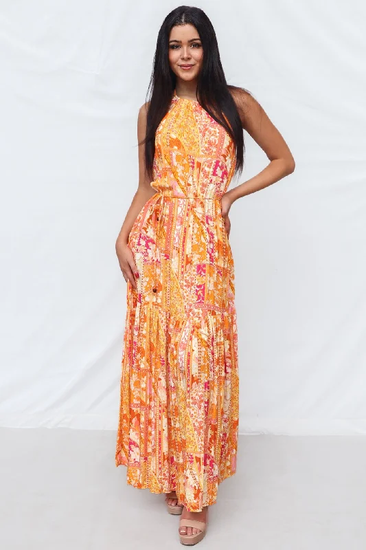 Calypso Maxi Dress - Orange Print Trendy Ruffled Maxi Dress