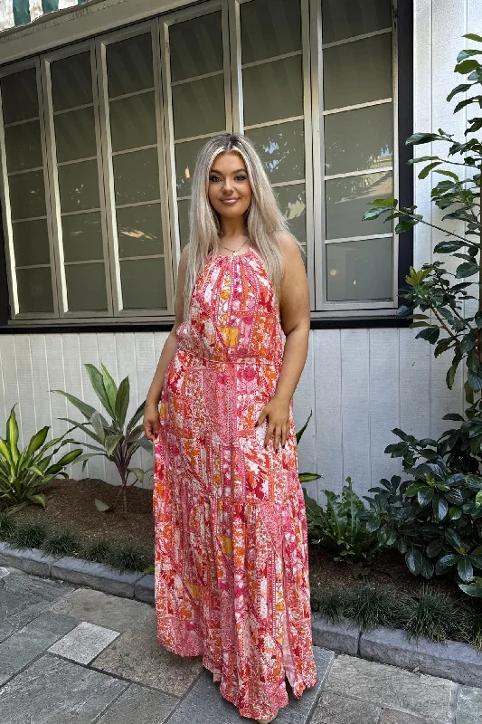 Calypso Maxi Dress - Pink Print Elegant Tiered Maxi Dress