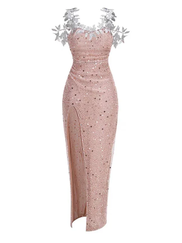 Casey Crystal Leaf Embellished Sequin Maxi Dress Cozy Knitted Maxi Dress