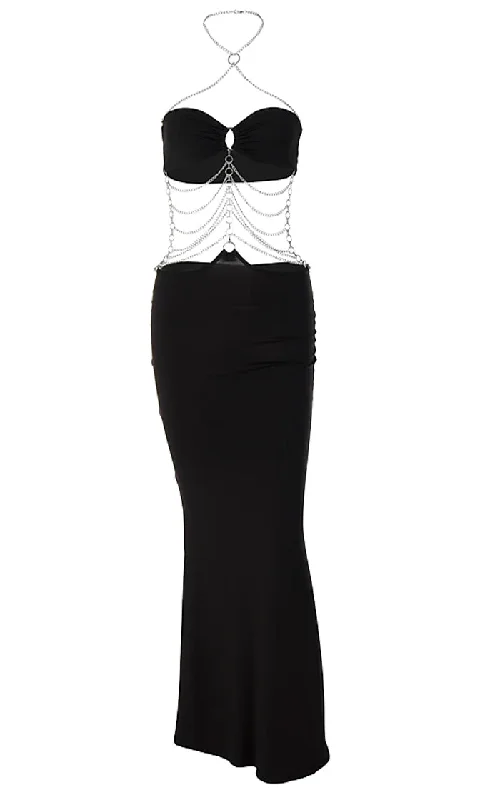 Chain Of Command <br><span>Black Sleeveless Bandeau Halter Draped Chains Cut Out Backless Maxi Dress</span> Comfortable Fit-and-Flare Maxi Dress Chain Of Command <br><span>Black Sleeveless Bandeau Halter Draped Chains Cut Out Backless Maxi Dress</span> Comfortable Fit-and-Flare Maxi Dress