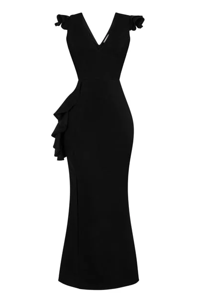 Chanel Black V Plunge Peplum Frill Ruffle Slinky Mermaid Maxi Dress Chic Button-Up Maxi Dress Chanel Black V Plunge Peplum Frill Ruffle Slinky Mermaid Maxi Dress Chic Button-Up Maxi Dress