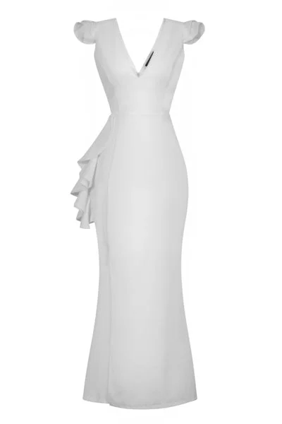 Chanel White V Plunge Peplum Frill Ruffle Slinky Mermaid Maxi Dress Stylish Maxi Dress with Frills Chanel White V Plunge Peplum Frill Ruffle Slinky Mermaid Maxi Dress Stylish Maxi Dress with Frills