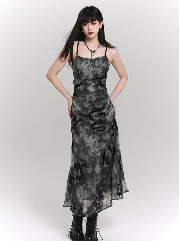 Ladyghost Chinese Style Fitted Maxi Dress - Gray Patterned Sleeveless Ankle-Length Cozy Knit Maxi Dress Ladyghost Chinese Style Fitted Maxi Dress - Gray Patterned Sleeveless Ankle-Length Cozy Knit Maxi Dress