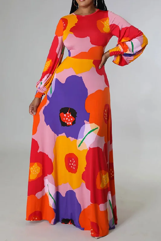 Colorful Flower Print Backless Maxi Dress Trendy Off-Shoulder Ruffle Maxi Dress
