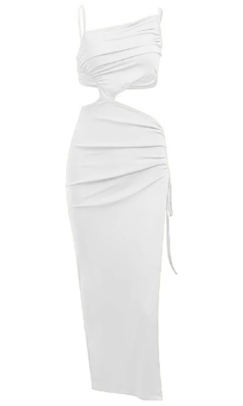 Cut And Paste White Sleeveless Spaghetti Strap Asymmetrical Cut Out Sides Open Back Ruched Drawstring Side Slit Maxi Dress Trendy Ruffled Maxi Dress Cut And Paste White Sleeveless Spaghetti Strap Asymmetrical Cut Out Sides Open Back Ruched Drawstring Side Slit Maxi Dress Trendy Ruffled Maxi Dress