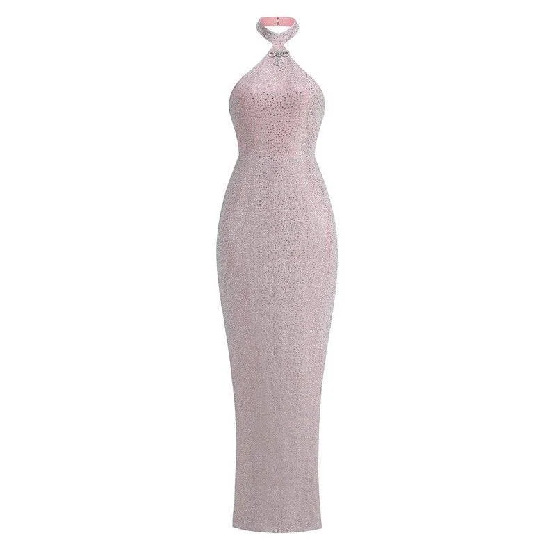 Dakota Halter Backless Crystals Maxi Dress Elegant Velvet Maxi Dress
