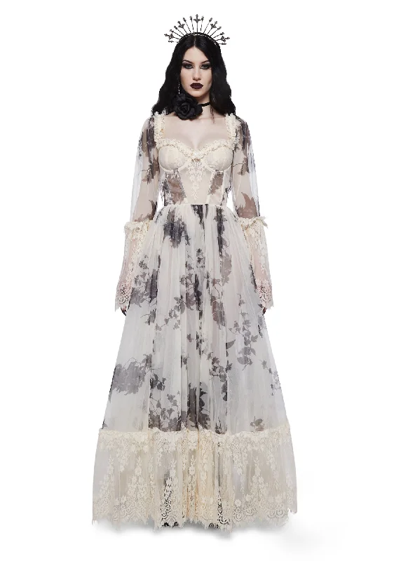 Dance With Death Maxi Dress - Ivory Floral Elegant Maxi Dress with Lace
