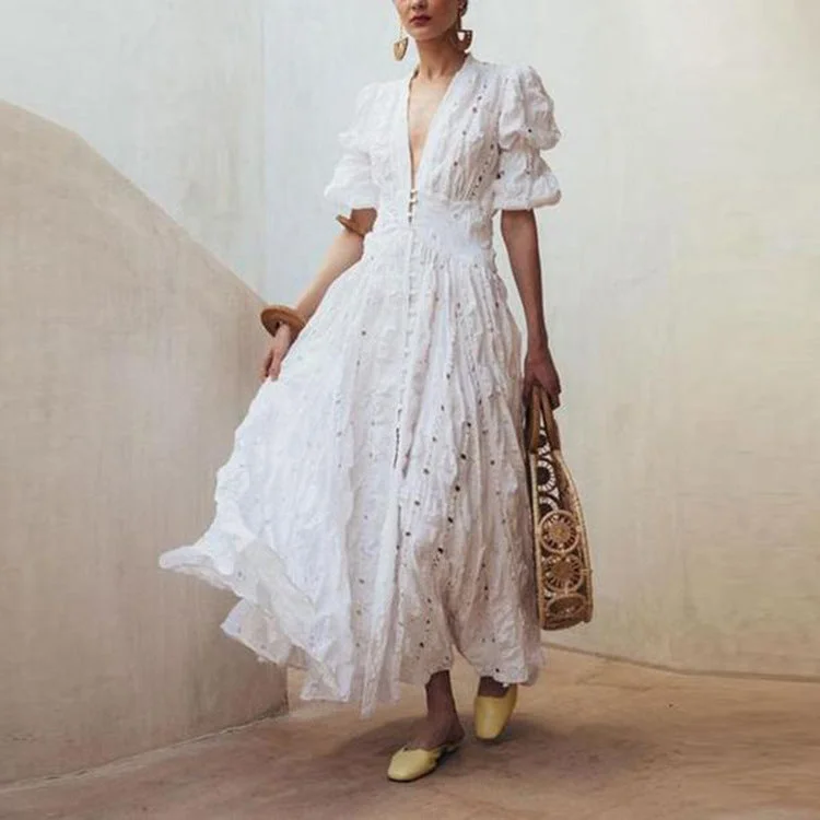Bubble Sleeve Lace Hollow maxi dress Stylish Maxi Dress with Frills