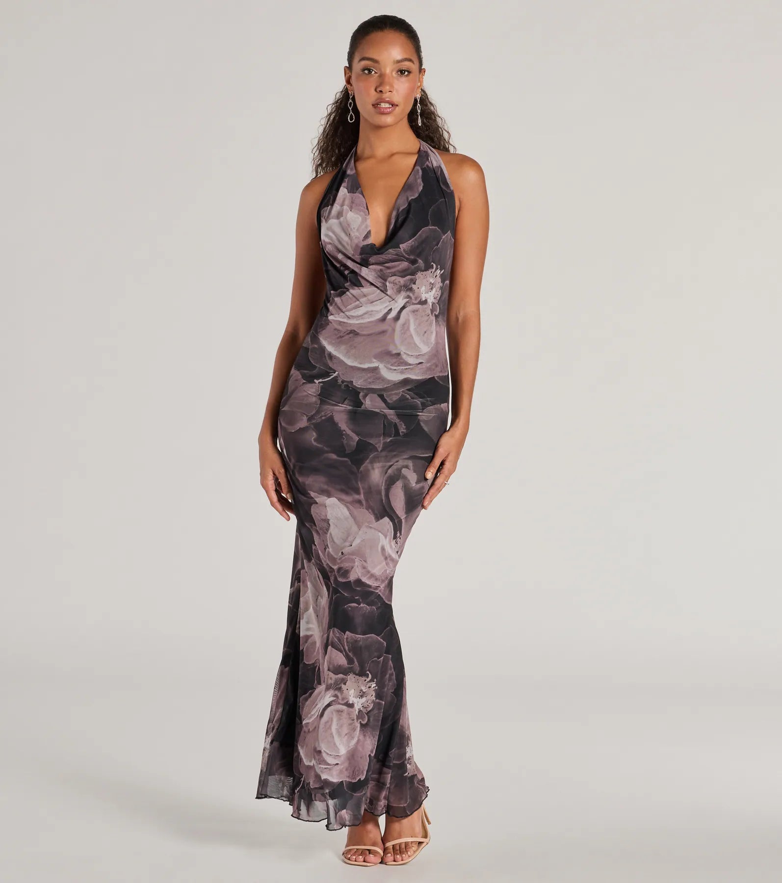 Drama-Worthy Abstract Floral Mesh Maxi Dress Elegant Floral Maxi Dress