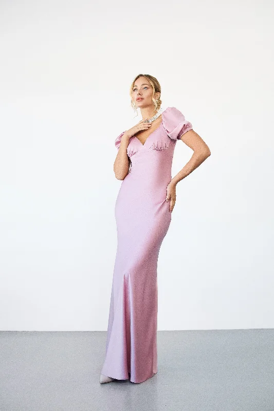 Dusty Pink Satin Puff Sleeve Maxi Dress Trendy V-Neck Maxi Dress