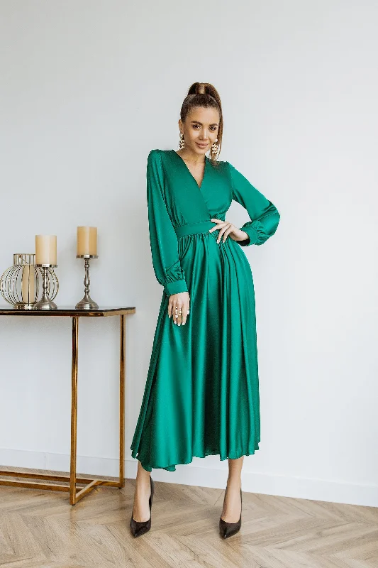 Emerald Silk Long Sleeve Maxi Dress Elegant Boho Maxi Dress
