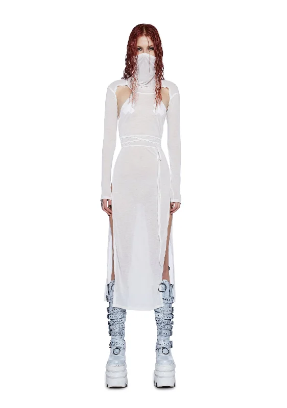 Flanger White High Slit Maxi Dress Elegant Lace-Up Maxi Dress