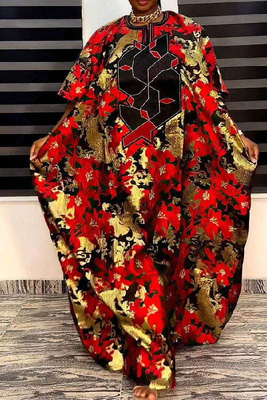 Floral Print Feminine Batwing Sleeve Flowy Maxi Dress Cozy Open-Back Maxi Dress