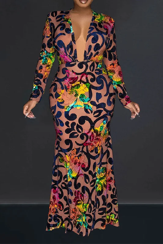 Floral Print Retro Deep V Neck Maxi Dress Comfortable Fitted Maxi Dress