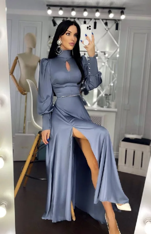 Graphite Puff-Sleeve Turtleneck Maxi Dress Cozy Maxi Dress with Slit