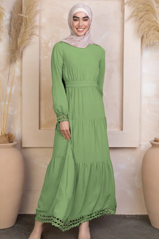 Green Lace Tiered Maxi Dress Fashionable Chiffon Maxi Dress