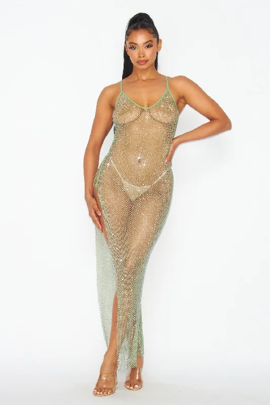 Forget You Fishnet Rhinestone Cover Up Maxi Dress Comfortable Satin Maxi Dress