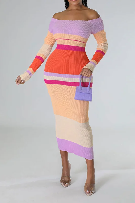 Hit Color Striped Classic Knitted Maxi Dress Elegant Maxi Dress with Belt