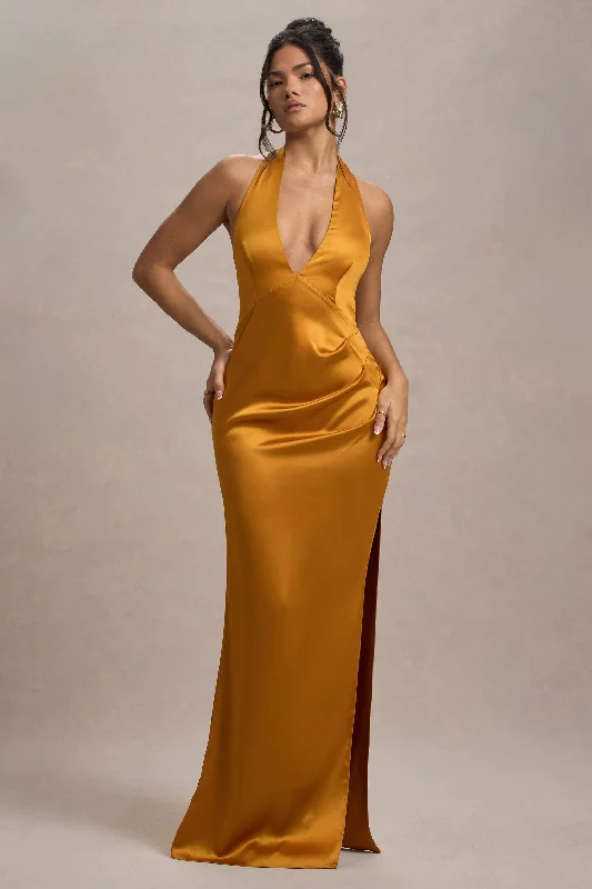 Inferno | Mustard Satin Plunge-Neck Gathered Split Maxi Dress Classic Tulle Maxi Dress Inferno | Mustard Satin Plunge-Neck Gathered Split Maxi Dress Classic Tulle Maxi Dress