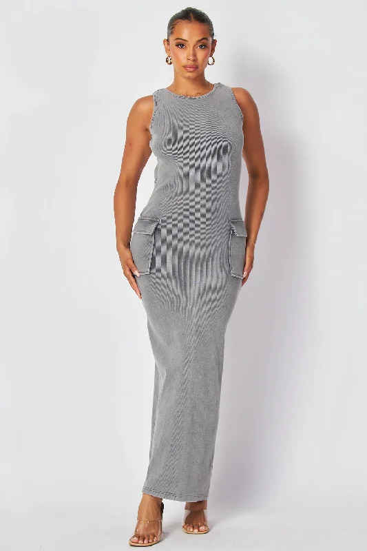 Irina Ribbed Sleeveless Open Back Cargo Maxi Dress Stylish Off-Shoulder Maxi Dress