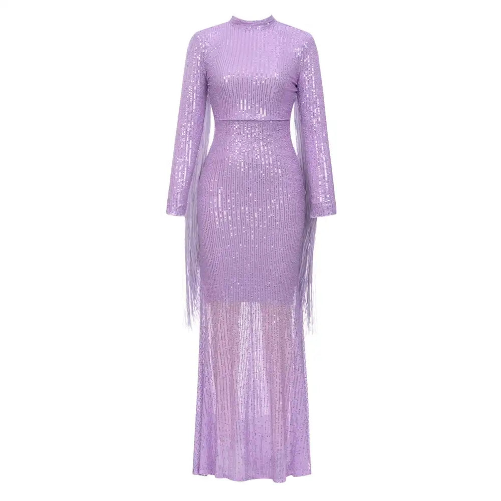 Jasmine Sequined Round Neck Tassel Maxi Dress Stylish Empire Waist Maxi Dress