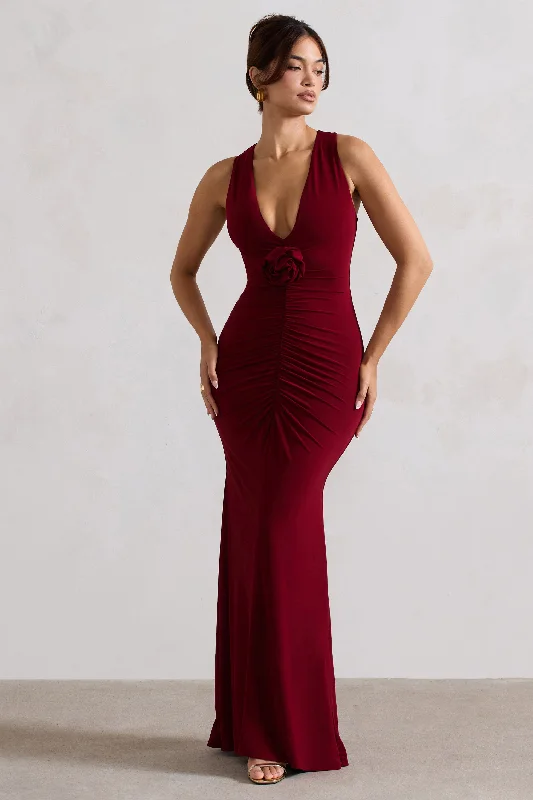 Julianna | Wine Plunge-Neck Ruched Maxi Dress With Corsage Stylish One-Shoulder Maxi Dress Julianna | Wine Plunge-Neck Ruched Maxi Dress With Corsage Stylish One-Shoulder Maxi Dress