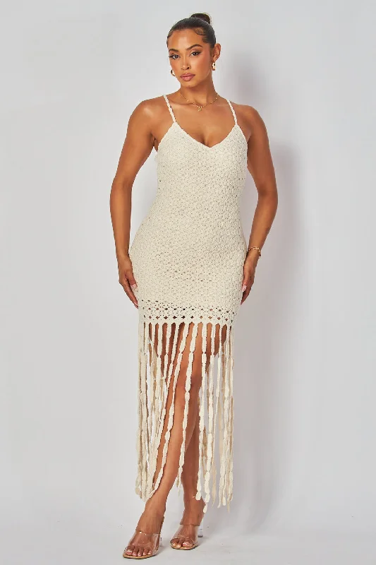 Kaylor Sleeveless Crochet Knit Fringe Maxi Dress Trendy Maxi Dress with Bow