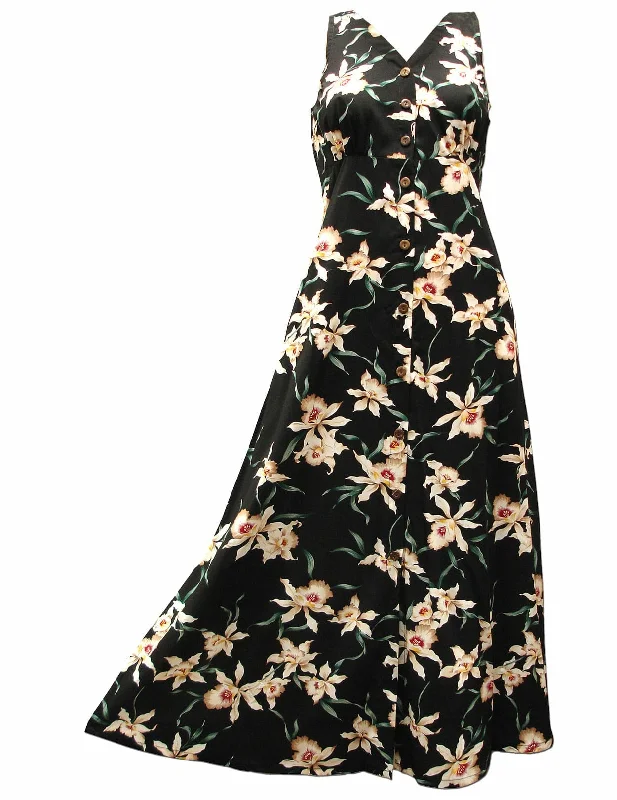 Kilauea Orchid Black Cocktail Maxi Dress Fashionable Button-Down Maxi Dress