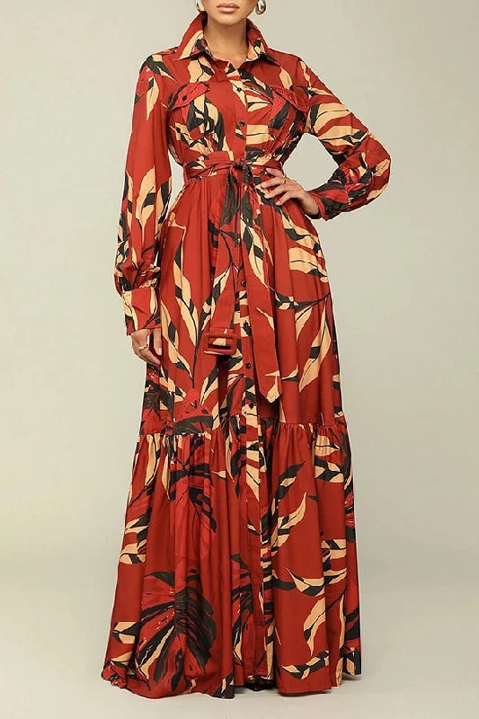 Leaf Print Feminine Single Breasted Belted Maxi Dress Comfortable Maxi Dress with Belt Leaf Print Feminine Single Breasted Belted Maxi Dress Comfortable Maxi Dress with Belt