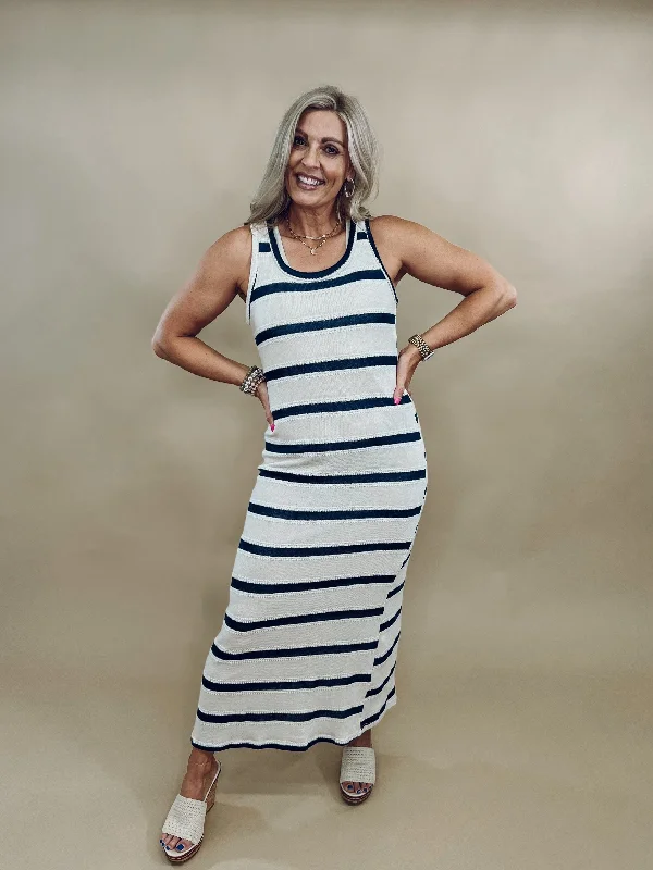 Lida Striped Maxi Dress, Ivory/Navy Trendy Ruffled Maxi Dress