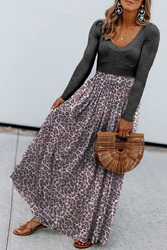 KaleaBoutique Long Sleeve Fitted Bodice Leopard Maxi Dress Chic Summer Maxi Dress