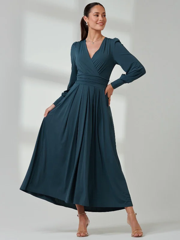 Long Sleeve Soft Silky Jersey Maxi Dress, Dark Teal Chic Boho Print Maxi Dress