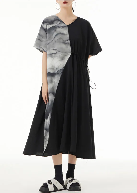 Loose Black V Neck Print Patchwork Maxi Dresses Summer Elegant Maxi Dress with Belt