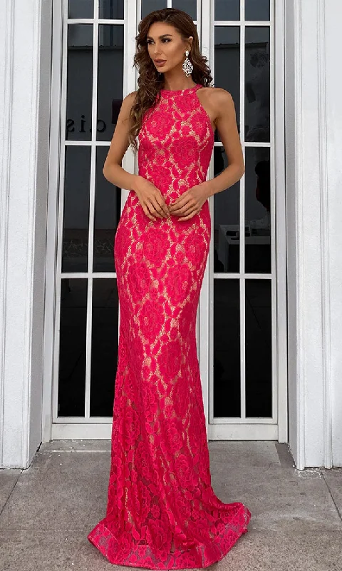 Lost In The Moment <br><span>Hot Pink Lace Sleeveless High Neck Halter Backless Mermaid Maxi Dress</span> Fashionable Sleeveless Maxi Dress